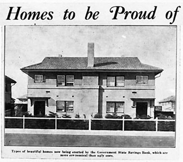 a Victorian semi detached house entitled_Homes to be Proud_of being built by the Government State Savings Bank